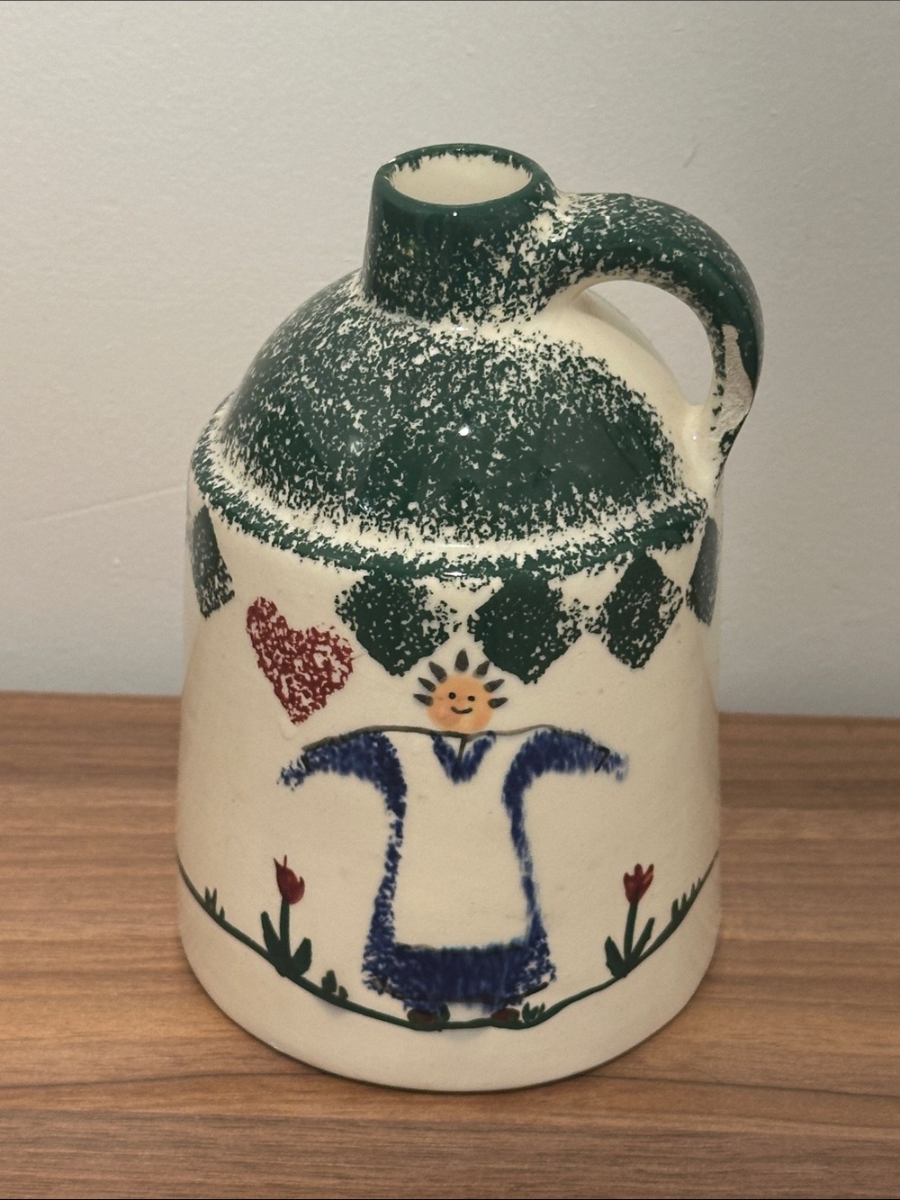 Flat Earth 89- Hand painted Ceramic Pitcher Vase in Cream and Green